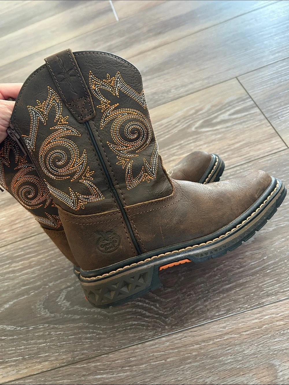 Georgia Boot Kids Brown Leather Western Pull-On Boots with Orange Stitching